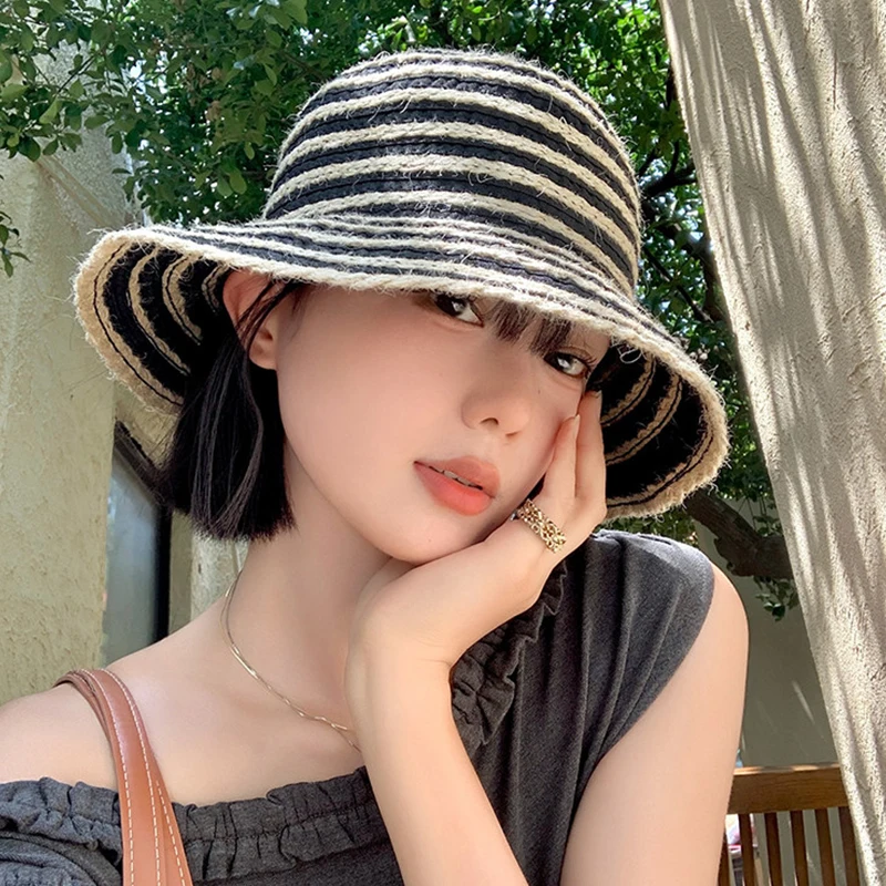 Small Face Effect Striped Bucket Hat Women Summer Sunshade Straw Hat Korean Dongdaemun Fashion Breathable Anti-UV Sun Bonnet Cap