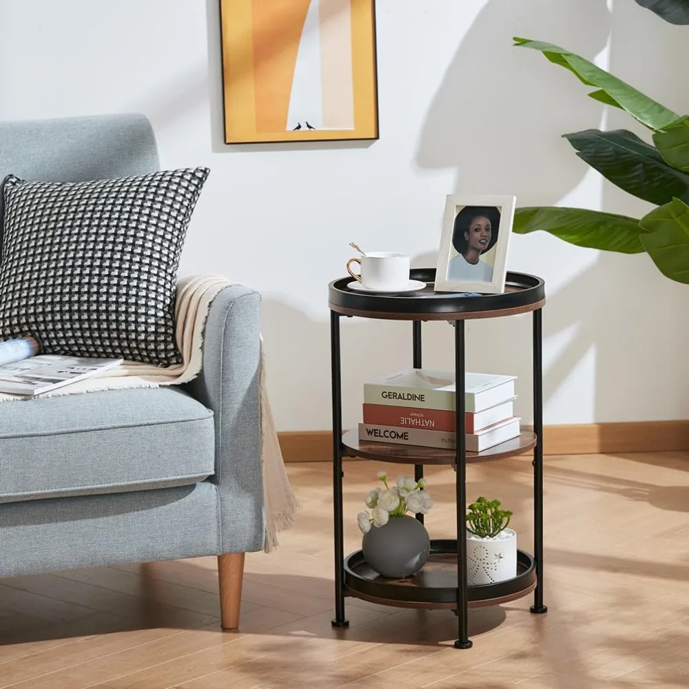โต๊ะข้างทรงกลมพร้อมชั้นวางของ 3 ชั้น ดีไซน์สไตล์อินดัสเทรียล สำหรับห้องนั่งเล่น ห้องนอน พื้นที่ขนาดเล็ก
