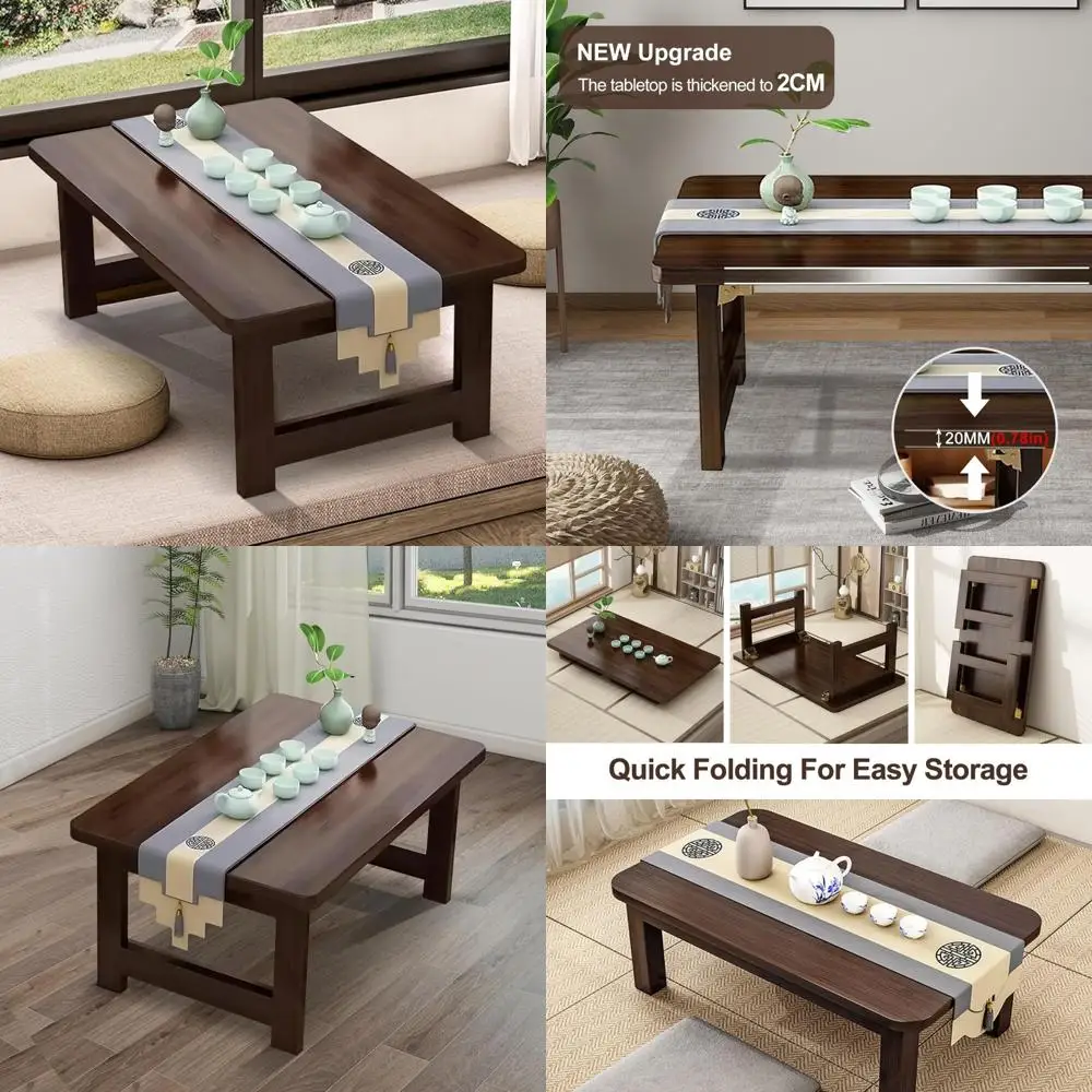 Japanese Style Folding Wooden Tea Table, Low Seating Living Room Coffee Table for Home or Office Tatami Area