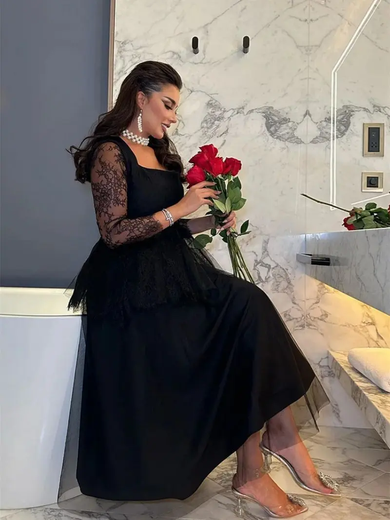 Luxury Black Lace Women Prom Gowns Sexy Square Neck Layers Party Dresses Fashion Long Sleeves Ball Gown Female Vestidos Robes