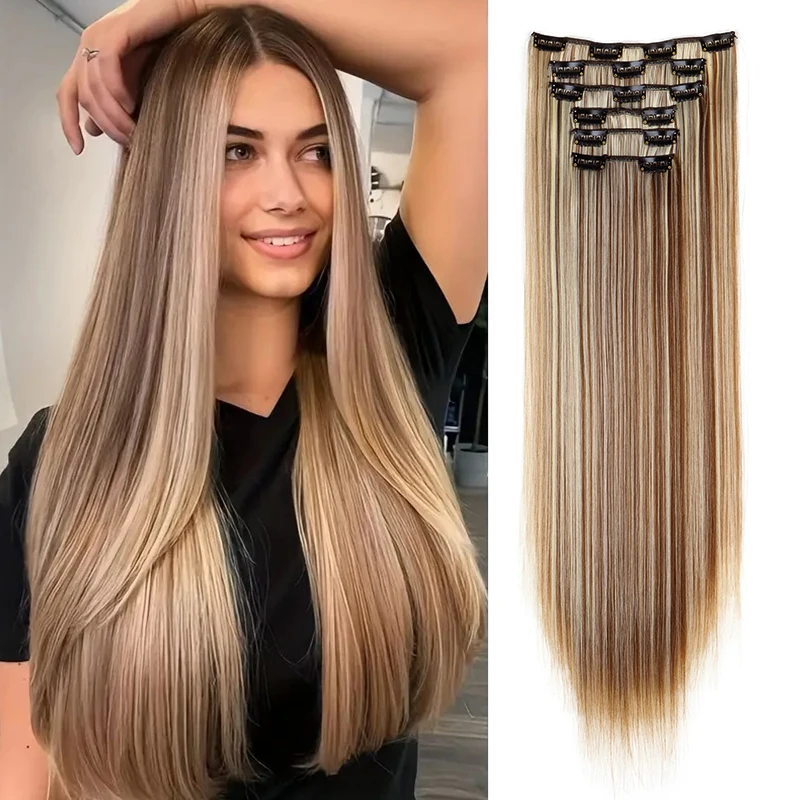 24Inch Synthetic 16 Clips in Hair Extensions Long Straight Hairstyle Blonde Black Hairpieces Heat Resistant False Hair