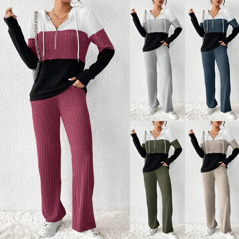 

Повседневные модные топы с капюшоном и застежкой-молнией на молнии с цветными блоками, однотонные узкие брюки, комплекты одежды для женщин, комплект из 2 предметов Большие Комплекты