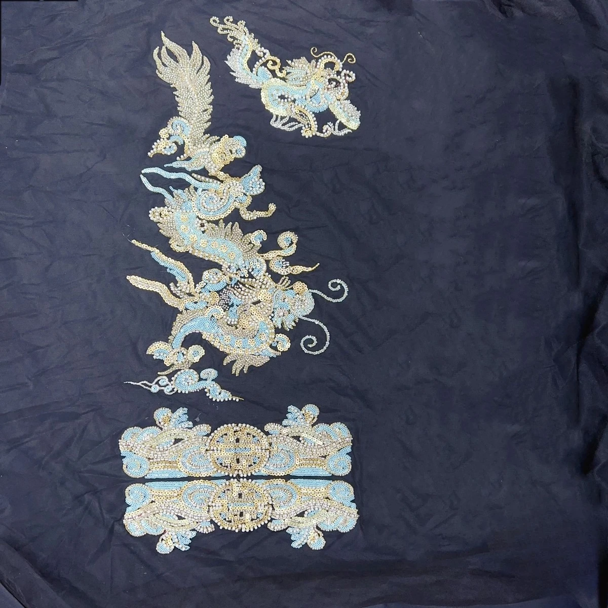 4PCS=1Set Chinese Style Embroidery, Black Background Mesh, Blue Golden Dragon Pearl Bead Lace Applique RS24498