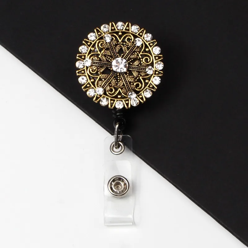 Retro Style Retractable Badge Reel Holder Rhinestones 360 Swivel Alligator Clip for Office Doctor Nurse Gift Carabiner Keychain