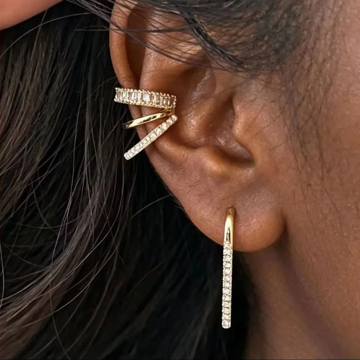 Vintage Metal 3-Layer Zircon Imitation Pearls Clip Earring for Women Multi Layer C Shaped Minimalist Fine Jewelry Accessorie