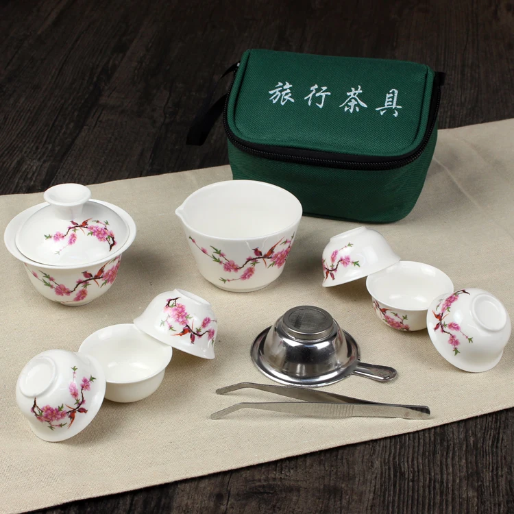 

11 Pcs Travel Tea Sets Chinese Portable Ceramic Bone China Gaiwan Teacup Porcelain Tea Cup The Kung Fu Travel Tea Set Bag