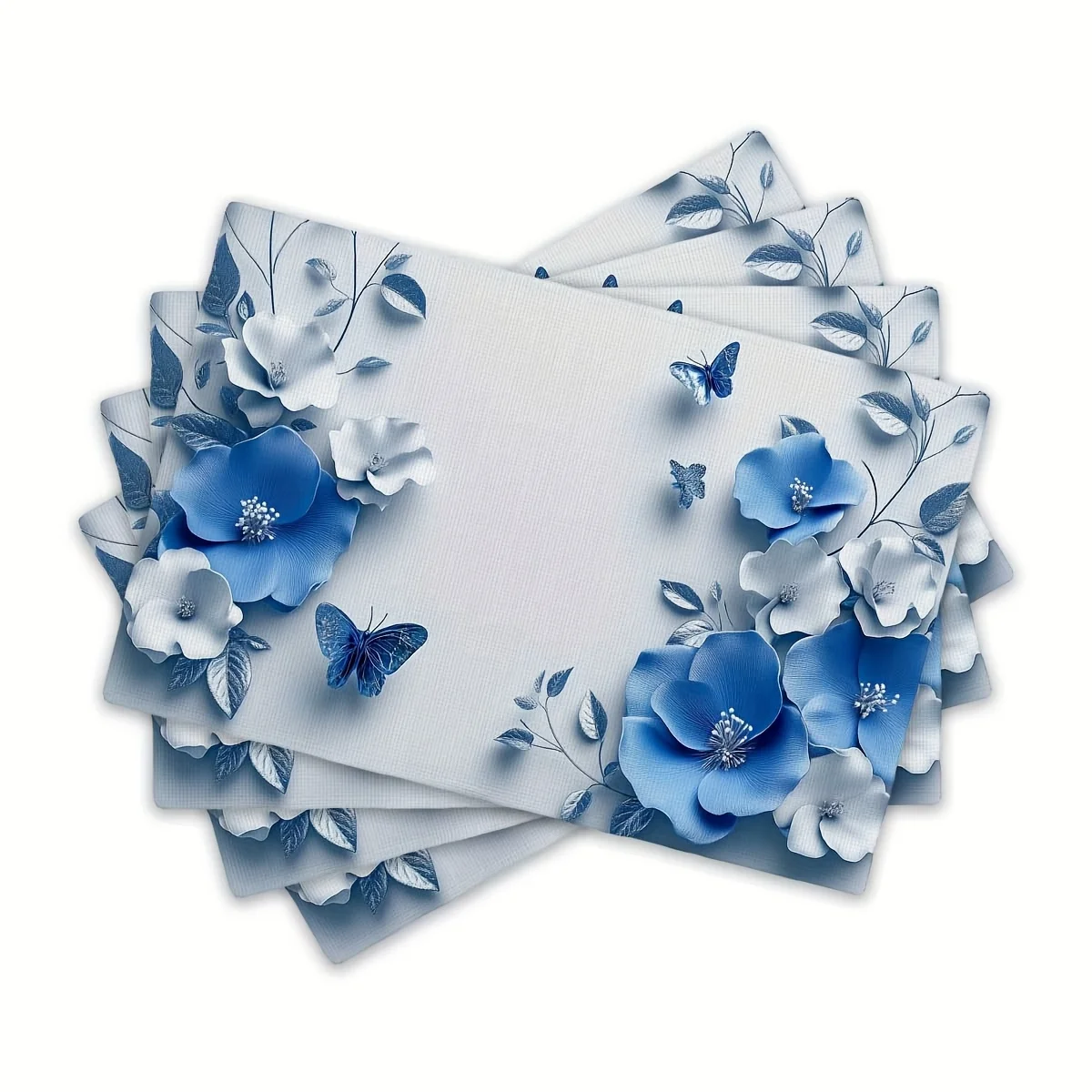4‑Piece Placemats, Embossed Blue Floral Print, Vintage Rustic Decor for Holidays and Parties.