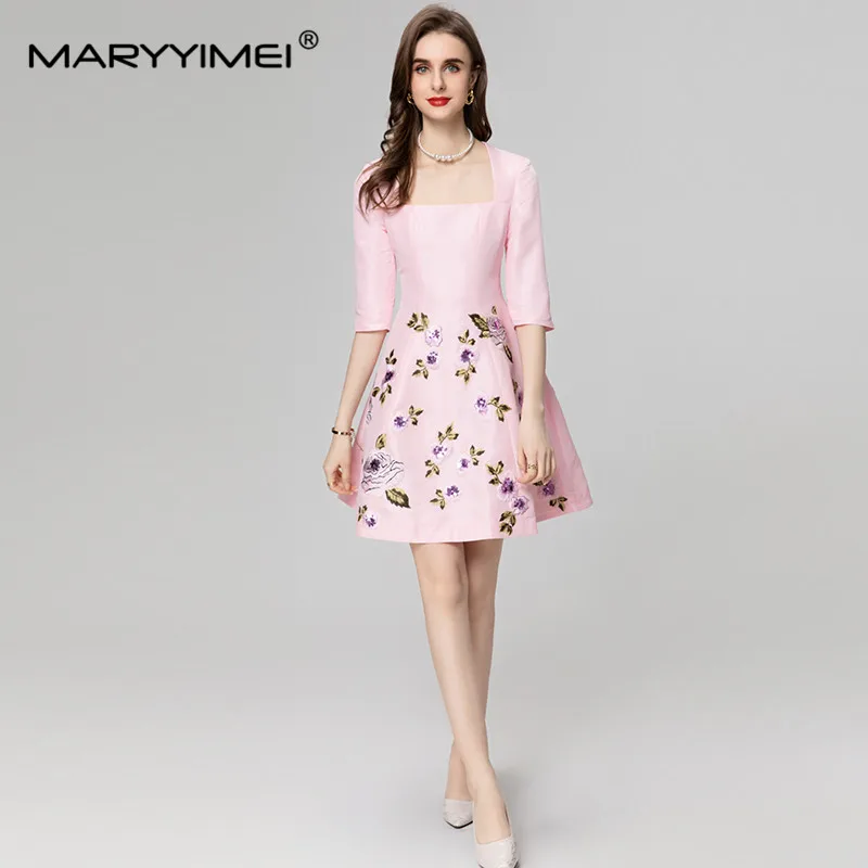 MARYYIMEI Fashion Women's Square-Neck Half Sleeved Elegant Sequin Embroidered Sweet High-Waisted Ball Gown Mini A-Line Dress