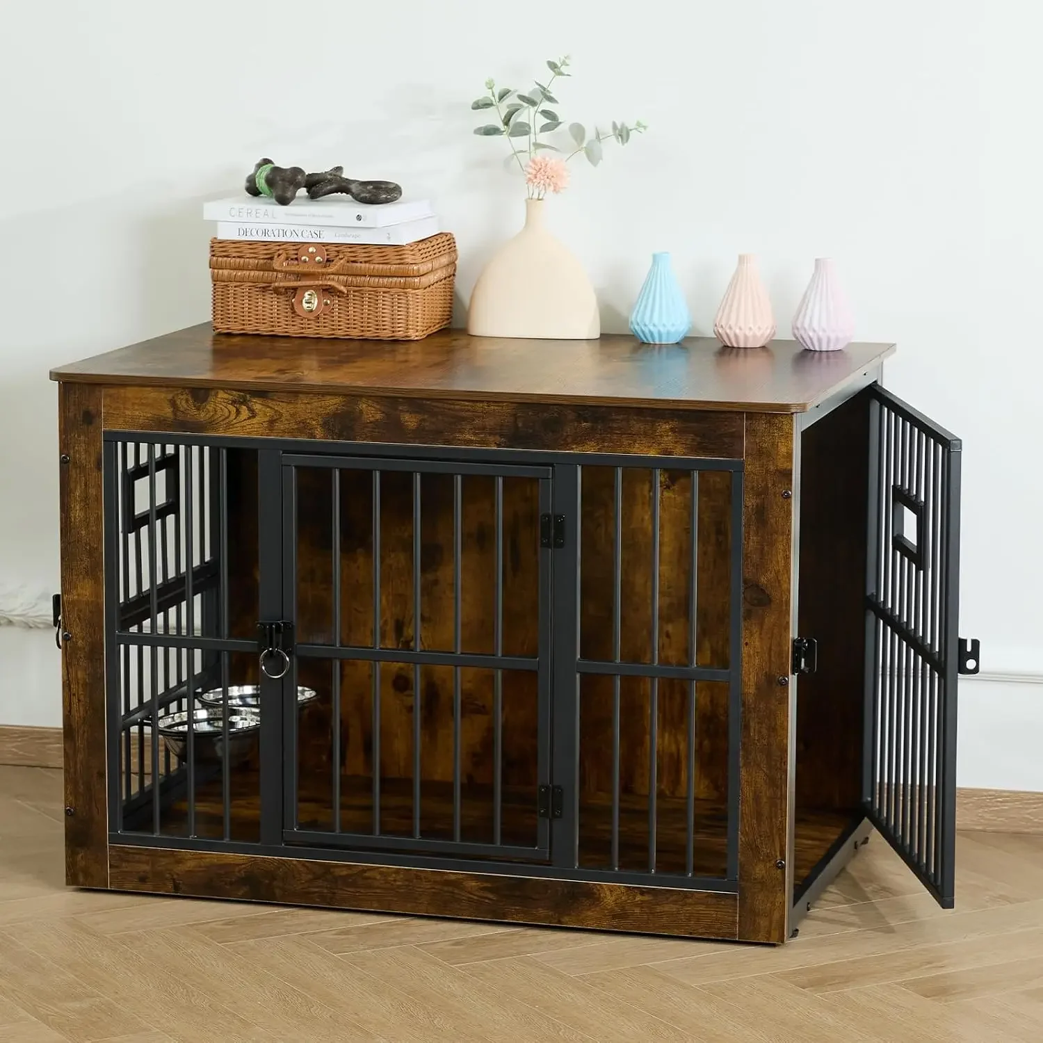 [عالية الجودة، صفقة ساخنة! ]أثاث صندوق الكلاب للكلاب المتوسطة، بيت كلب داخلي مقاس 38.8 بوصة، طاولة نهاية قفص الكلاب الخشبية مع 2 ريمو