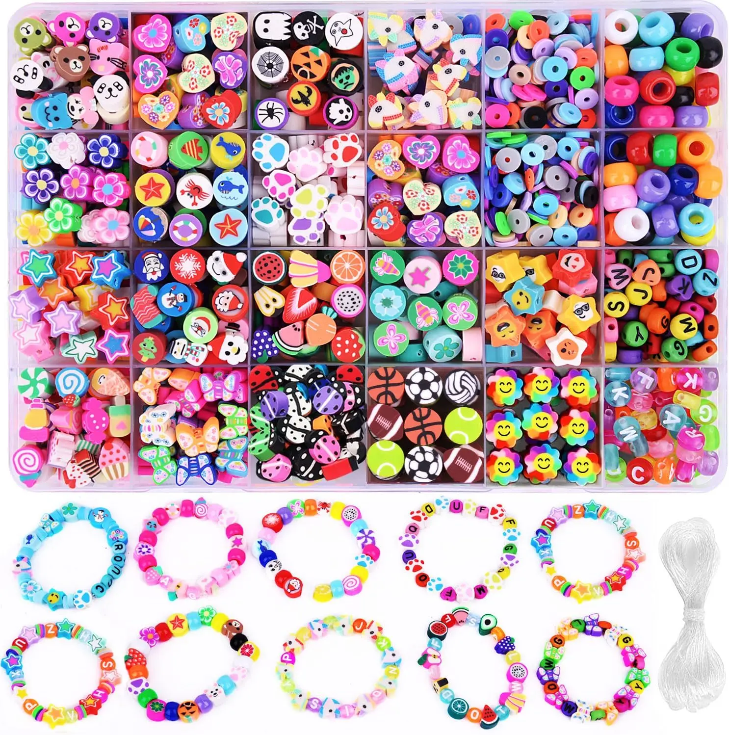 

Polymer Clay Beads Bracelet Making kit, 24 Style Cute Fun Beads Fruit Flower Animal Cake Butterfly Heart Beads Charms for Jewelr