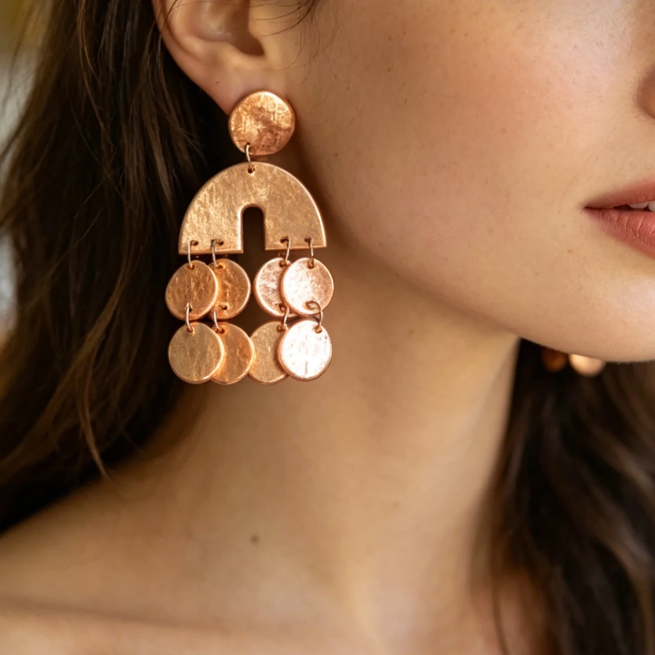 Boho Chic Metalic Textured Polymer Clay Statement Earrings Large Geometric Arch Drop with Round Fringe Aesthetic Jewelry Summer