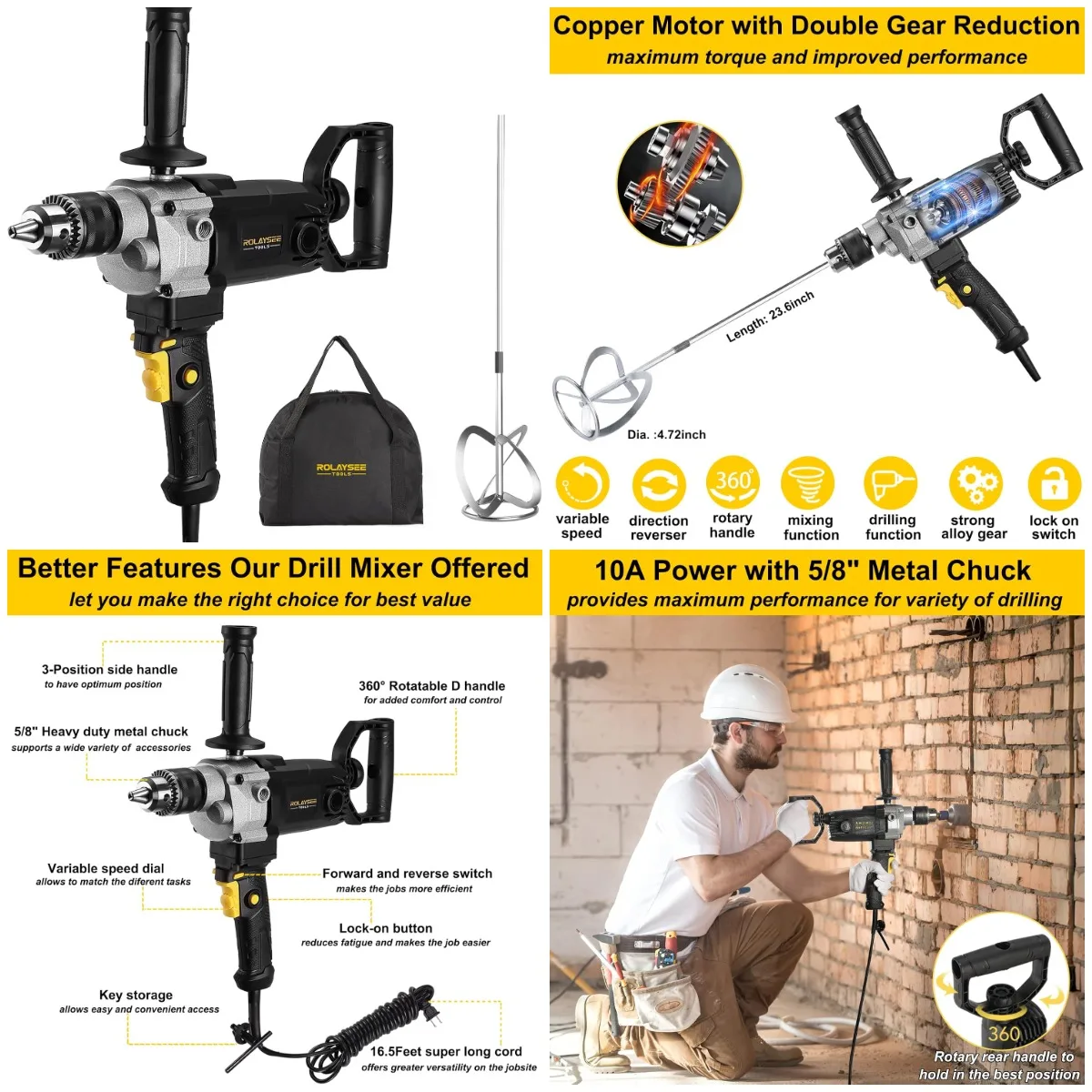 

10-Amp Corded 5/8' Heavy Duty Drill Mixer Set, Variable Speed Concrete Mud Mixer with Spade Handle – ROLAYSEE TOOLS