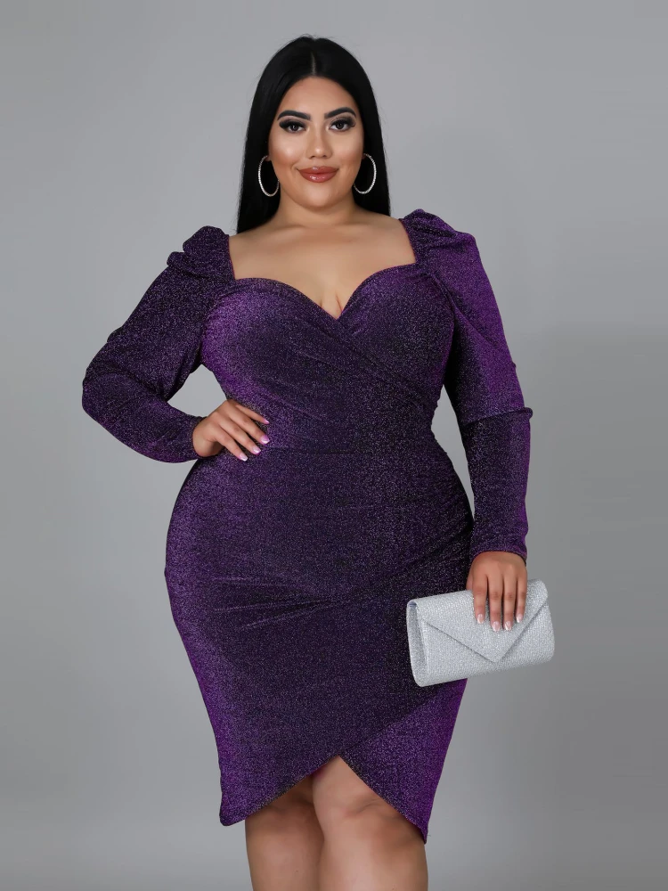 Sexy V-hals Pailletten Jurken Plus Size 4XL Vrouwen Lange Lantaarn Mouwen Onregelmatige Office Lady Avond Chirstmas Party Wear Outfits