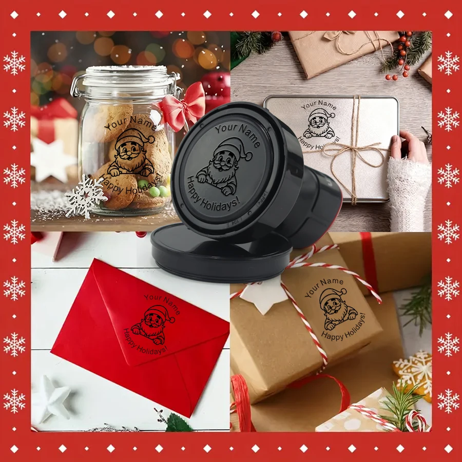 Round Christmas Custom Name Stamp-Personalized Self Inking Seal with Xmas Designs for Kid Gift,Custom Logo Stamp for Clothes&Bag