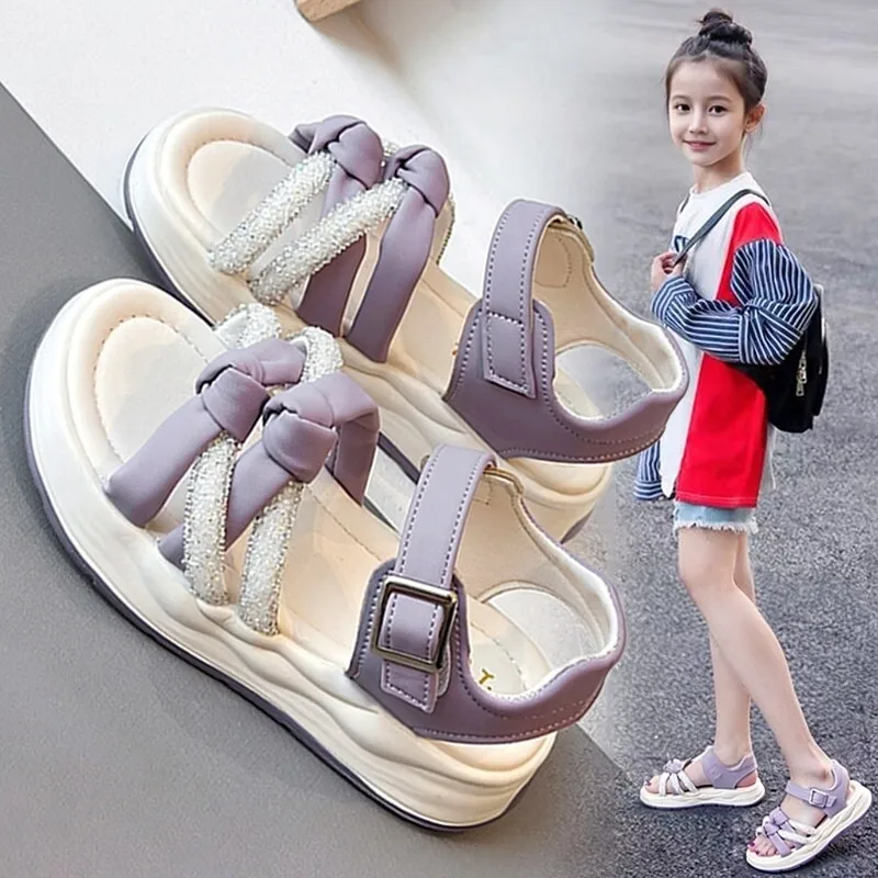 Kids Girls Braided Rhinestone Platform Sandals, adjustable buckle, soft non-slip sole, perfect for summer parties & beach days