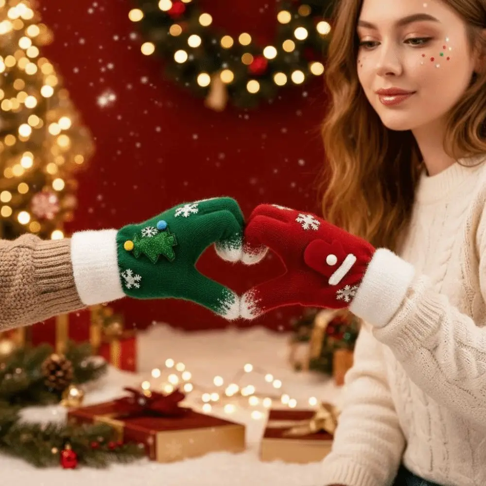 Red Green Christmas Gloves Plush Cuff Knitted Woolen Winter Knit Mittens High Quality Soft Texture Full Finger Gloves
