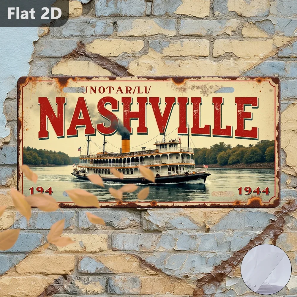 Nashville River Boat Tin Sign Retro 2D Metal Wall Decor 12x5.9in Outdoor Garden Garage Ornament
