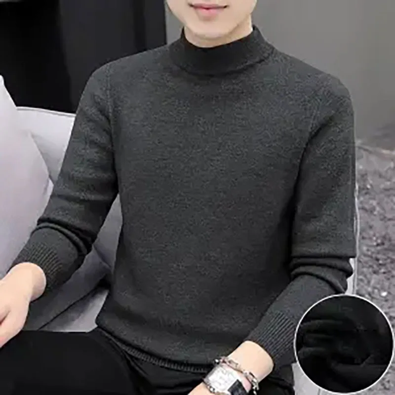 

Autumn Winter 2023 New Mock Neck Knitted Sweater Thicken Plush Warm Solid Men Pullover Sweater Casual Slim Male Sweater