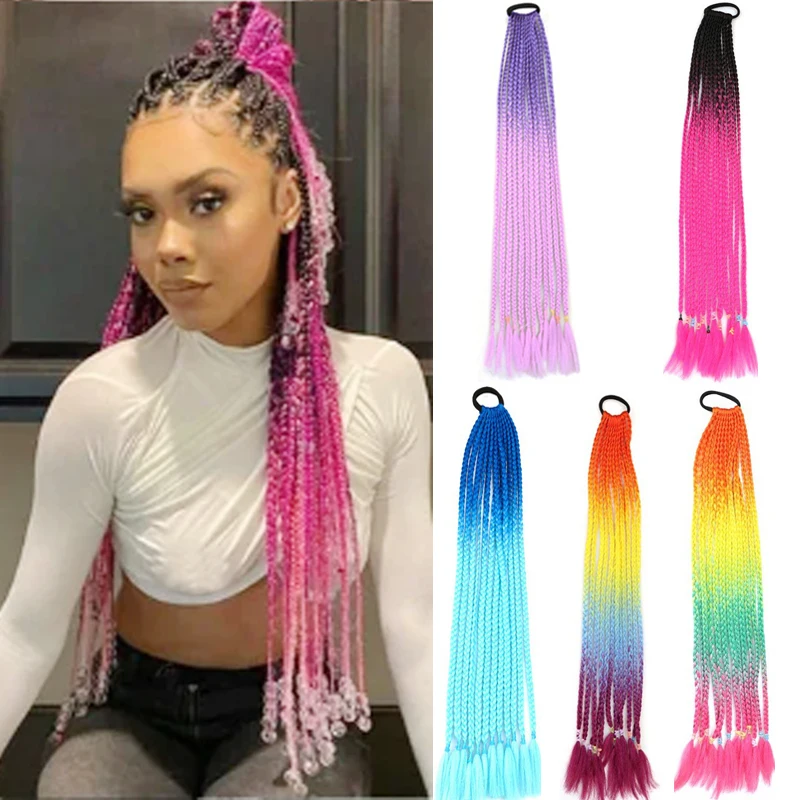 H&STAR Synthetic 24Inch Gradient Color Dirty Braided Ponytail  Elastic Rubber Band Braiding Pony Tail Hair Extensions For Girls