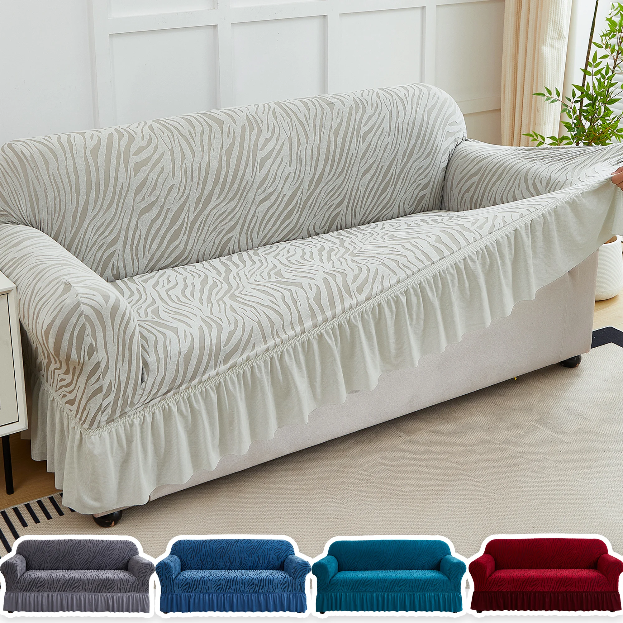 

1pc Cationic Wave Skirt Sofa Cover All-inclusive Elastic Jacquard Sofa Slipcover Universal Anti-slip Adjustable Sofa Protector