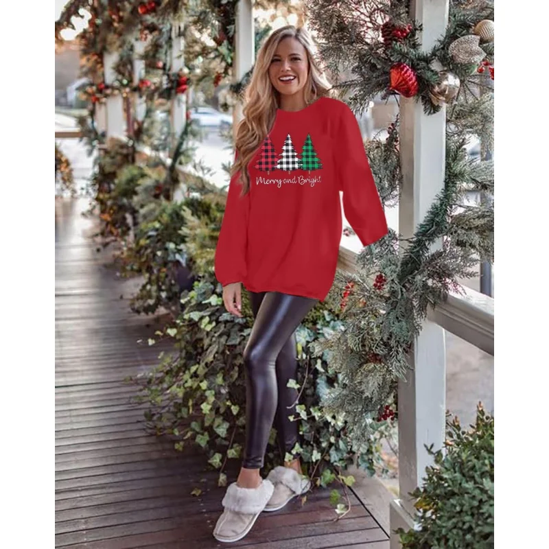 Women's Oversized Christmas Sweatshirt, Joyful And Bright Shirt, Checkered Printed Pullover, Long Sleeved Top