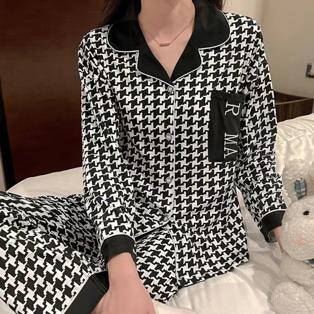 Leopard Two-piece Set Pajamas for Women 2024 New Autumn Faux Cotton Classy Female Sleepwear Long Sleeve Fashion Casual Homewear