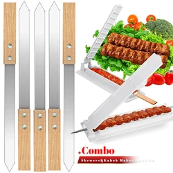 Kabob Skewers Flat Stainless Steel BBQ Barbecue Skewer with Wooden Handle with Koobideh Press for Brazilian Koobideh Persian