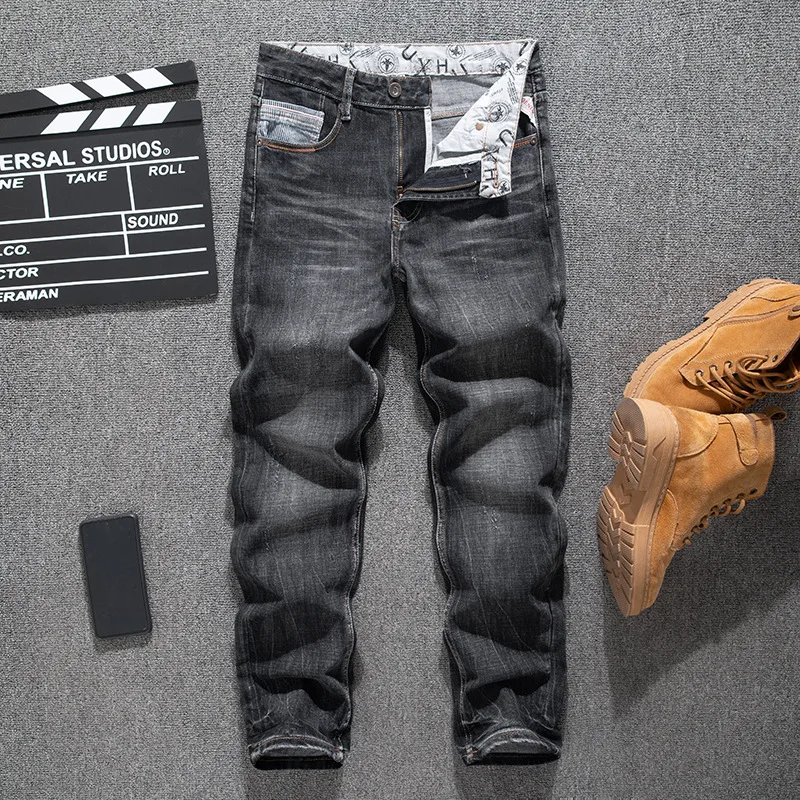 سراويل جينز عصرية للشارع الكوري للرجال بقصة ضيقة ومستقيمة ومزودة بنطال جينز ثقيل الوزن مغسول عالي الجودة