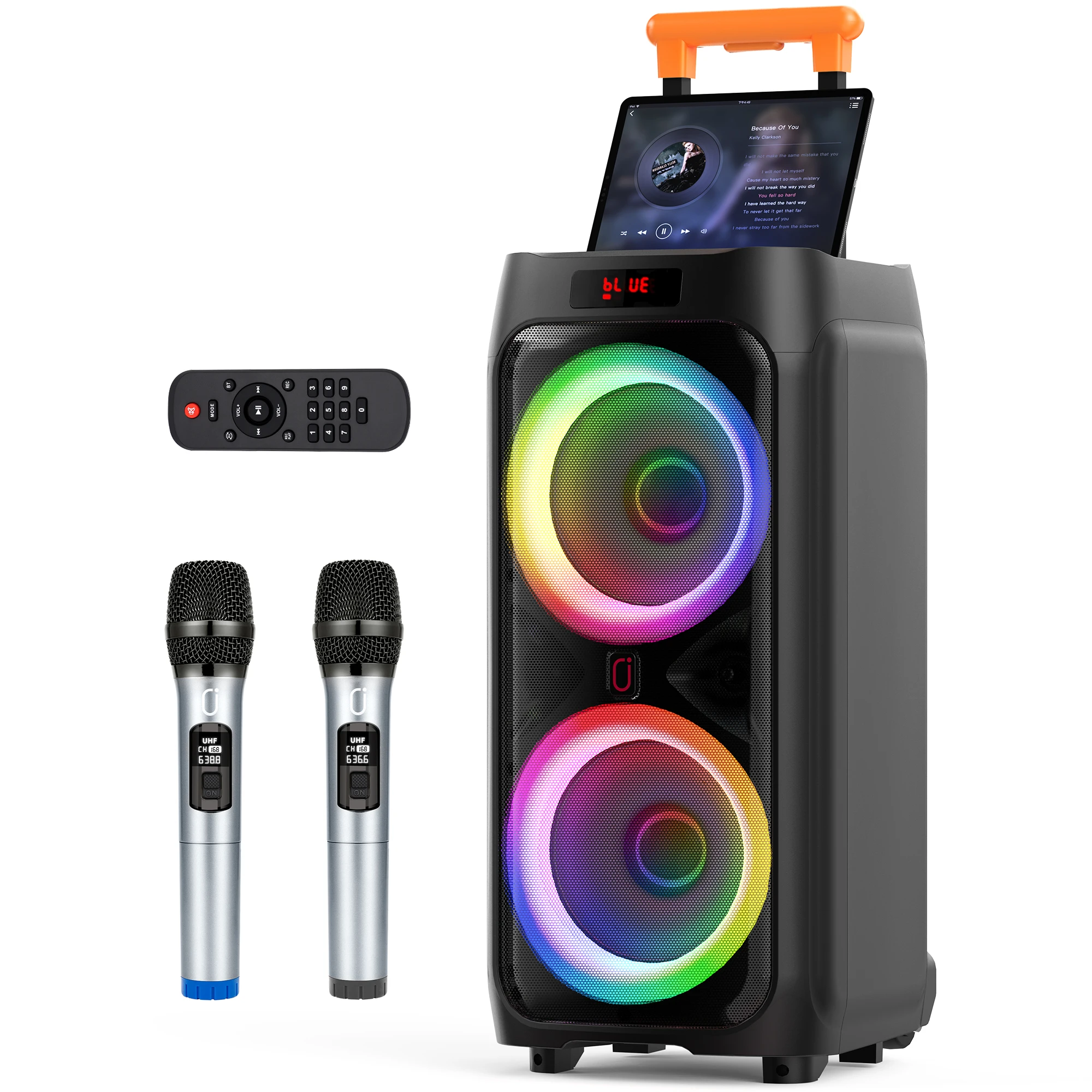 T9 Karaoke-Maschine mit 2 Mikrofonen, Doppel-8-Zoll-Subwoofer, großer Bluetooth-Lautsprecher mit 500W Spitzenleistung, Rollen und Trolley