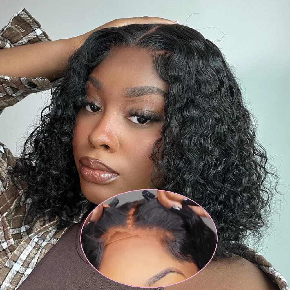 Deep Wave Wear And Go Glueless Human Hair Wig Pre Cut Lace Wig Curly Bob Human Hair Wigs Without Glue And Gel 180% Density