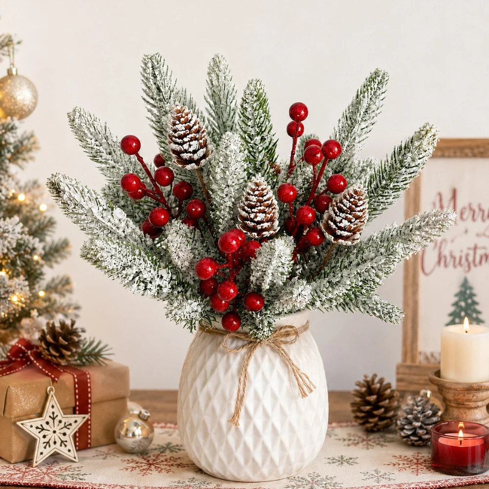 20 Stück künstliche Weihnachts-Zedernzweige mit roten Beeren, Tannenzapfen und schneebedecktem Wintergrün für Vasen, Kränze, Girlanden und DIY-Dekorationen – Detail 1