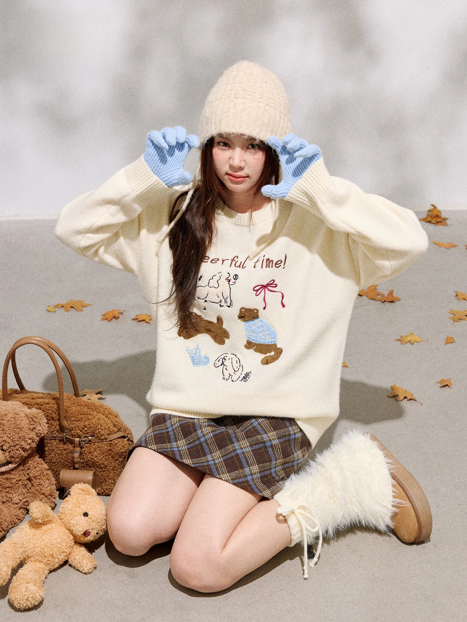 

Комплект: зимний свитер и юбка больших размеров для женщин, в корейском стиле, с вышивкой, в клетку, милый, комфортный, с высокой талией, А-силуэт...