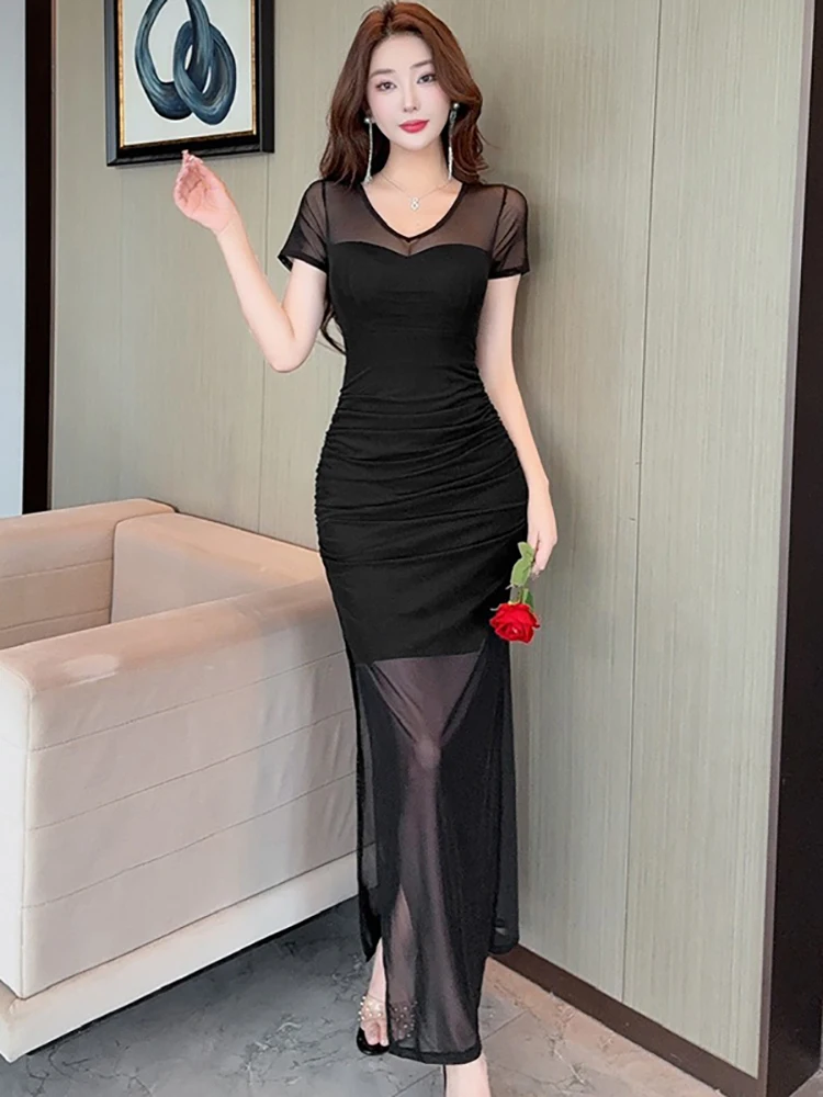 

2025 черное лоскутное сетчатое прозрачное сексуальное длинное платье с разрезом, женское корейское винтажное платье Хепберн, роскошные платья, летние элегантные облегающие платья