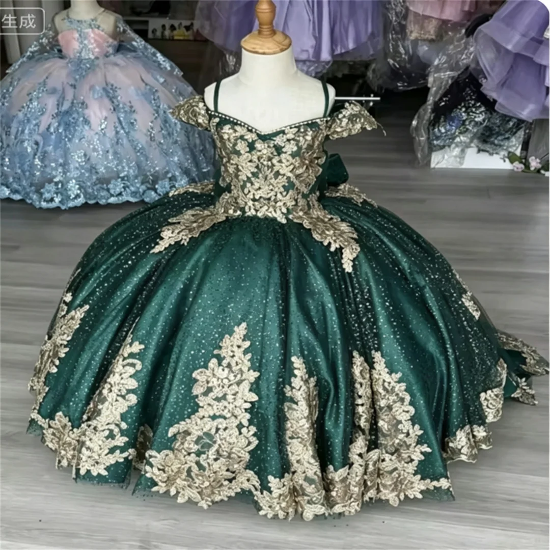 Luxury Green Flower Girls Dress Quality Gold Applique Printing For Wedding Ball Little Girls Birthday Party Evening Dresses