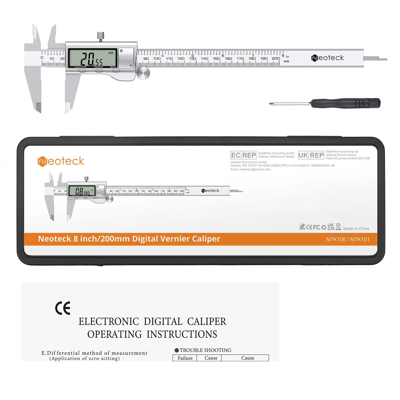 Digital Vernier Caliper 200mm Stainless Steel Electronic Caliper Fractions/Inch/Metric Conversion Measuring Tool For Width Depth