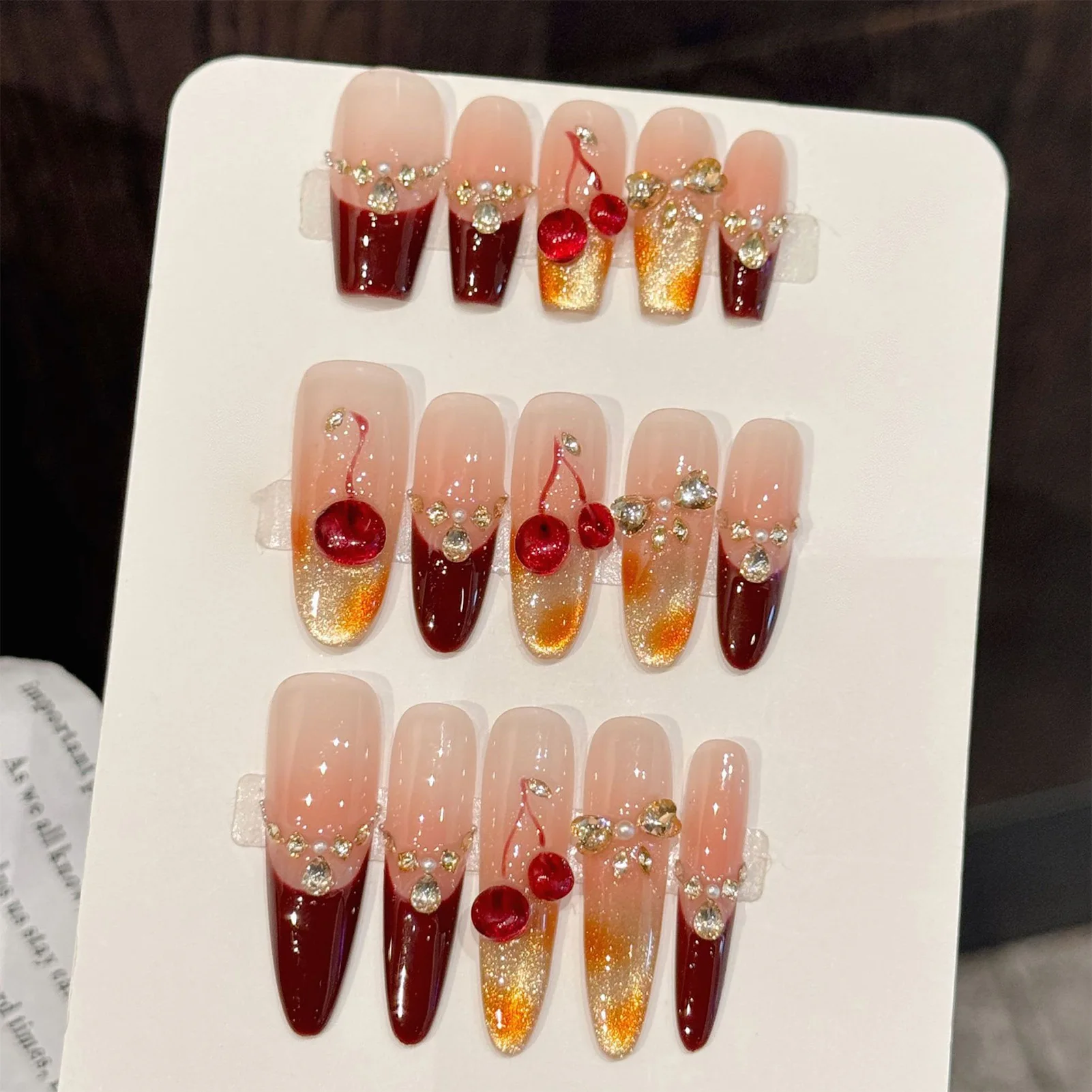 

10pcs Cute Wine-red Cherry Press On Nails New Year Wearable Handmade Fake Nail With Shiny Diamond Decor French Almond False Nail