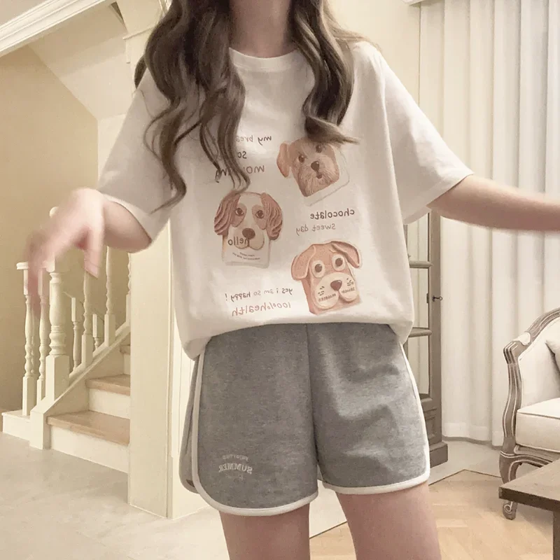 Cotton Tshirt Women Short Sleeve O-Neck Loose T-shirt Chocolate Bread Dog Pattern Casual Tops Tee Kawaii Clothes