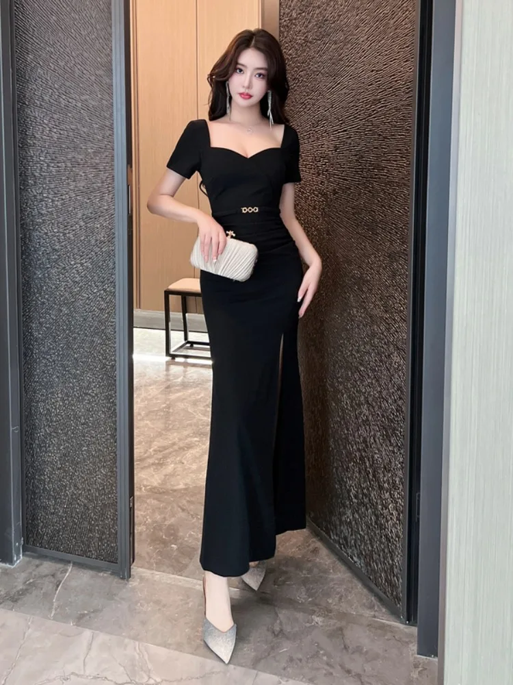 

Ele квадратный воротник ort Sve для похудения Dr, женская открытая юбка с разрезом и высокой талией, длинное боди, сексуальное платье