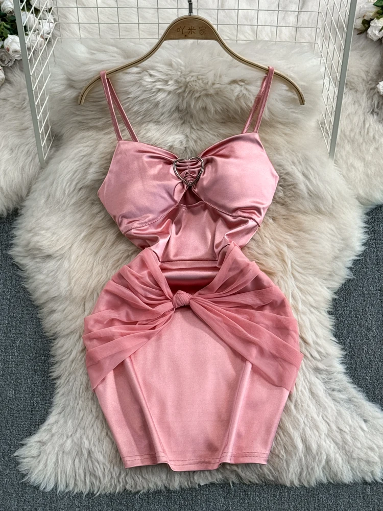 Foamlina-vestido de satén de verano para mujer, minivestido Sexy con tirantes finos recortado, sin mangas, sin espalda, ajustado, de malla, de retazos, para fiesta