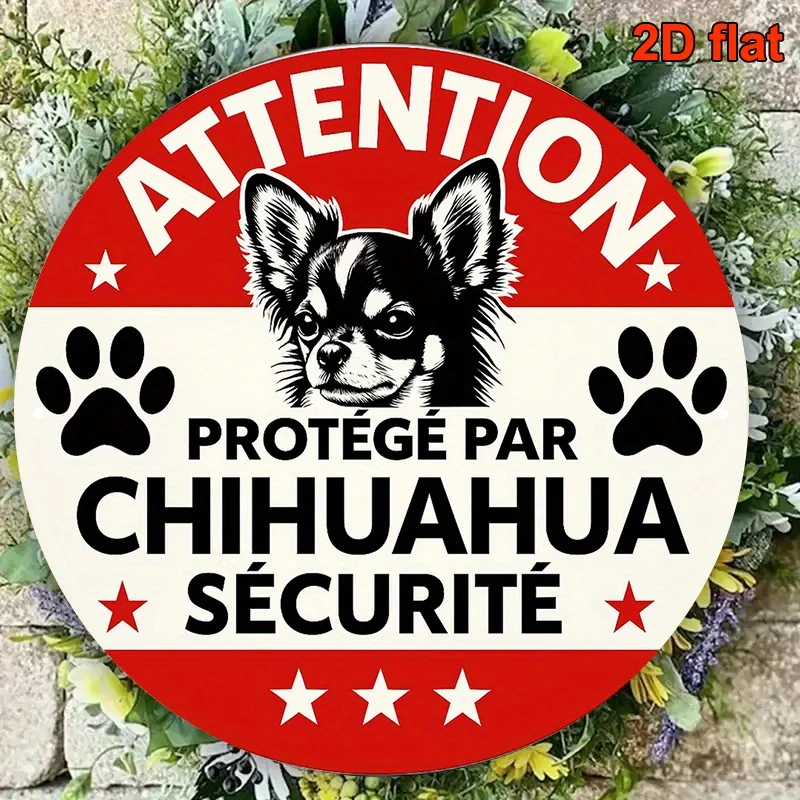 Une plaque décorative vintage en aluminium rond de 20,32 x 20,32 cm, sur le thème de la protection de sécurité des chihuahuas.