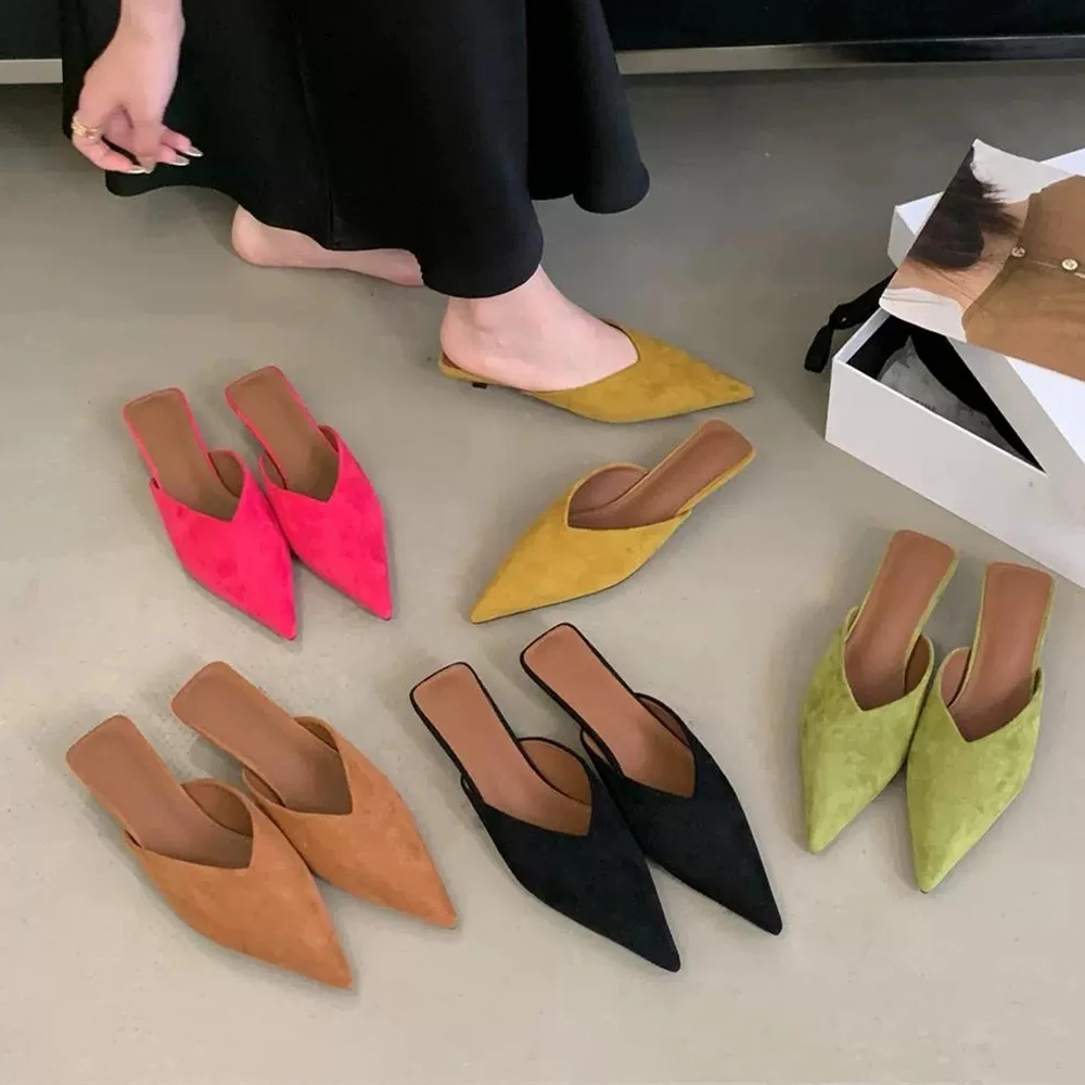 

Suede Backless Mules Heels Pumps Comfy Slippers Evening Dress Heeled Sandals Kitten Heels Pointed Toe Women Shoes 1.18in Heels