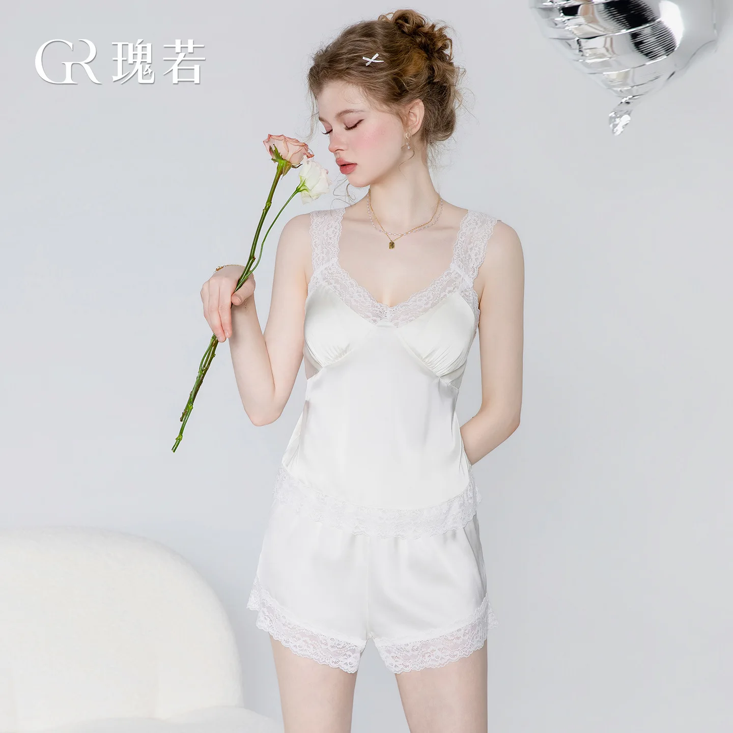 Sexy V-neck Top With Chest Pads Satin Lace Waist-cinching Tie-up Top And Shorts Two-piece Home Set Casual Pure Desire Charm QC3X