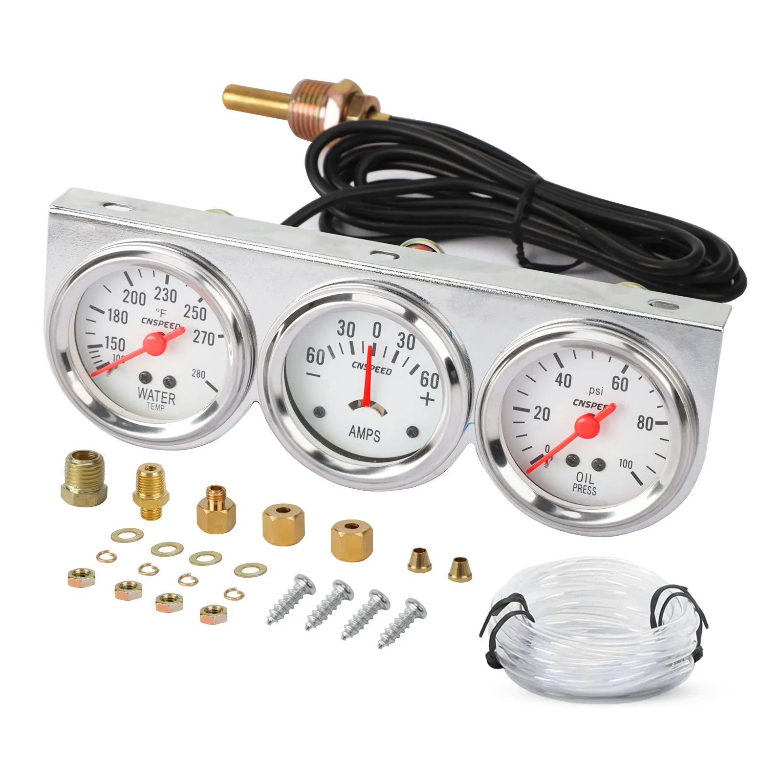 CNSPEED 2inch Chrome Panel Oil Pressure gauge Water Temp gauge Amp Meter Triple Gauge kit Set White Face Car meter