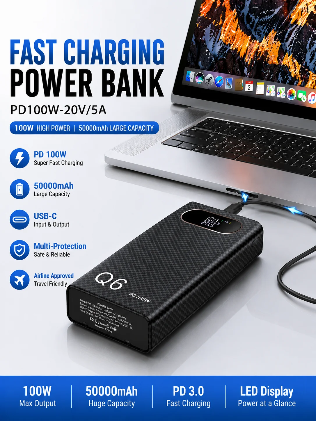 FUNNYSHIELD 6*21700 PD 100W Szybka Ładowarka Power Bank Typ C 50000mAh Zestaw DIY 20V 5A Skrzynka do Przechowywania i Ładowania Baterii do Laptopa Telefonu — 2
