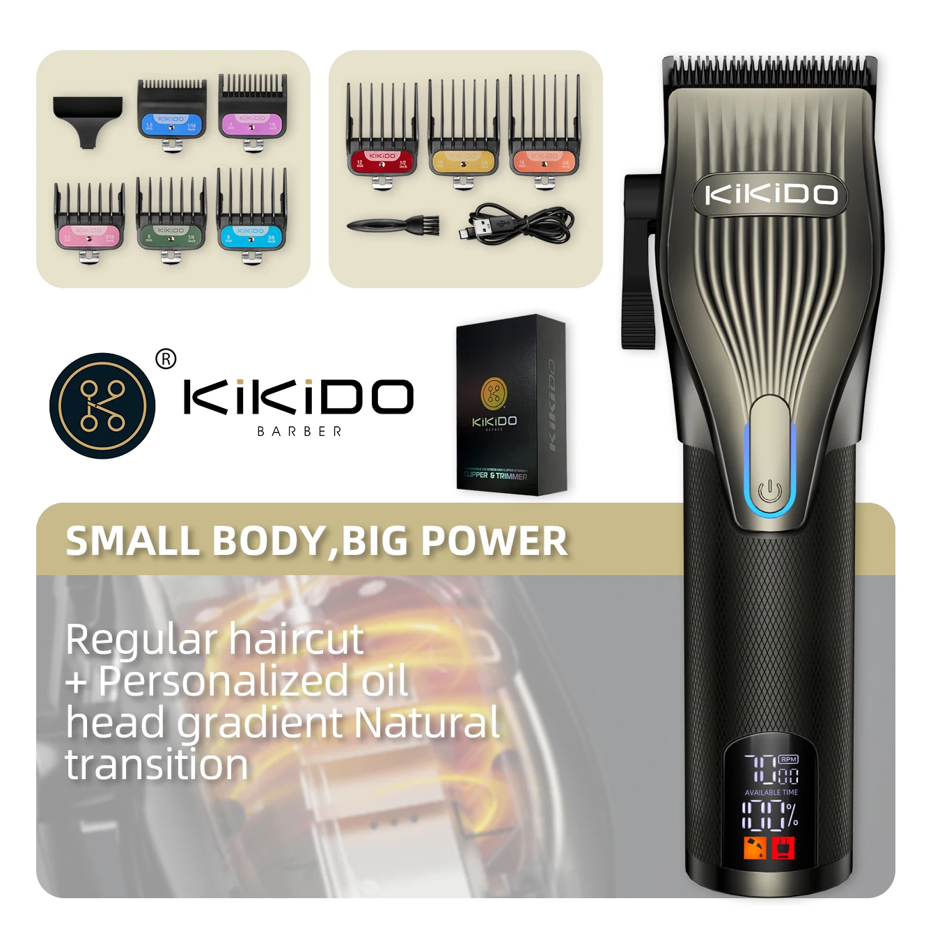 KIKIDO Powerful Electric Hair Clipper 7000 RPM Professional Hair Trimmer Rechargeable Cordless Hair Cutting Machine for Men