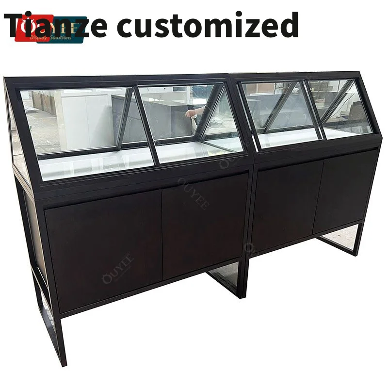 Customized-Frameless Counter Glass Wall Showcase Display Cigar Humidor Cabinet Smoke Shop Showcase Wood Retail