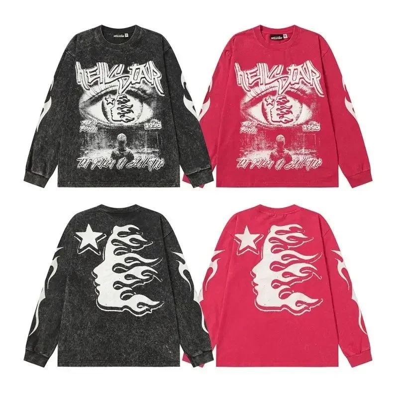 Hellstar Ins USA Streetwear Print Vintage Wash High Street Unisex Loose Trendy Casual Base Layer Long Sleeve Tee Niche