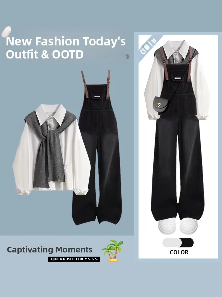 

Spring Summer College Sle Women's Korean irt oulder Wrap Vintage Slimming Denim Overalls Tee-Piece Set Faionable Ca...