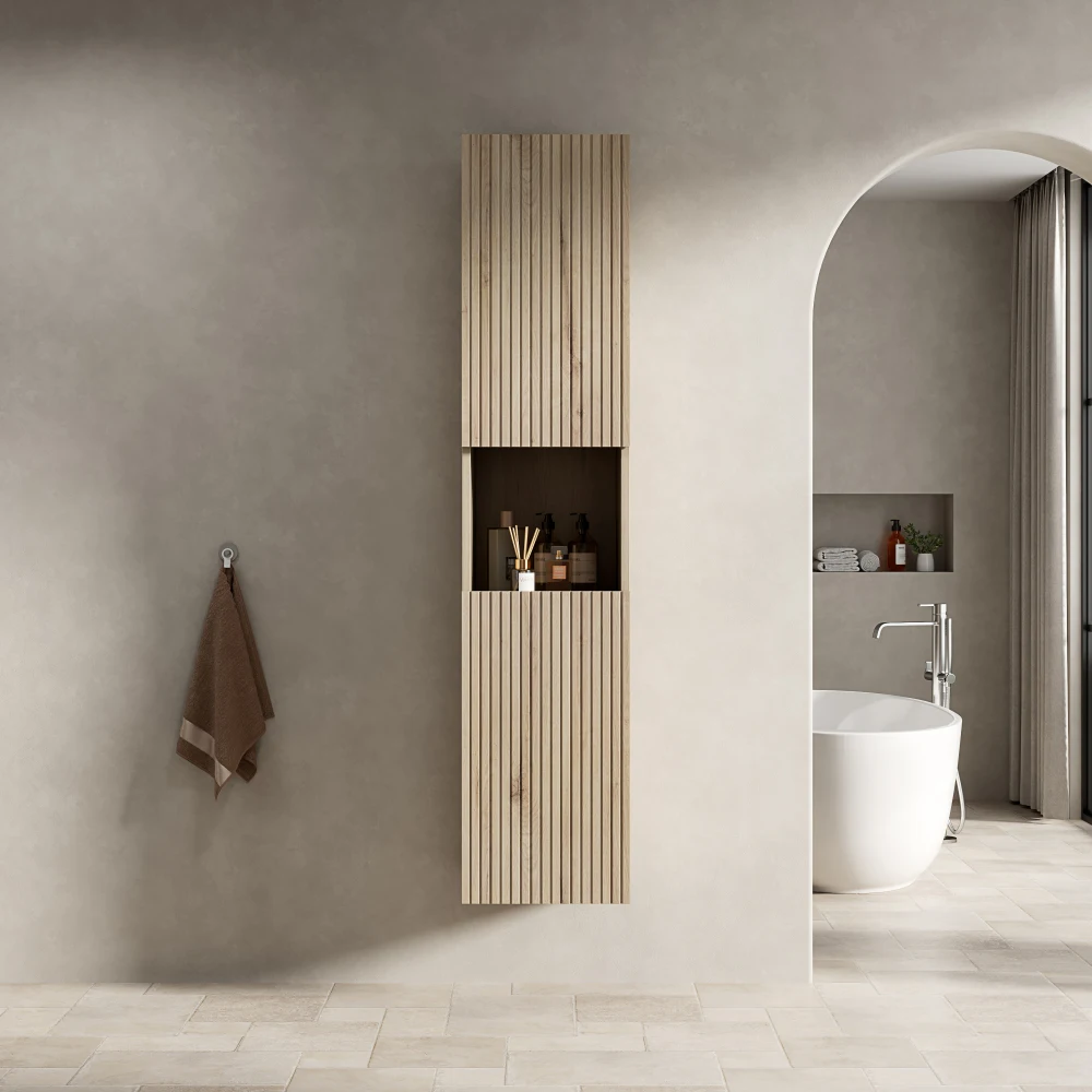 160 cm hoher Badezimmer-Wandschrank, geeignet für kleine Räume, anwendbar auf Badezimmer, Wohnzimmer und Wäsche, Sägen aus weißem Eichenholz – Detail 2