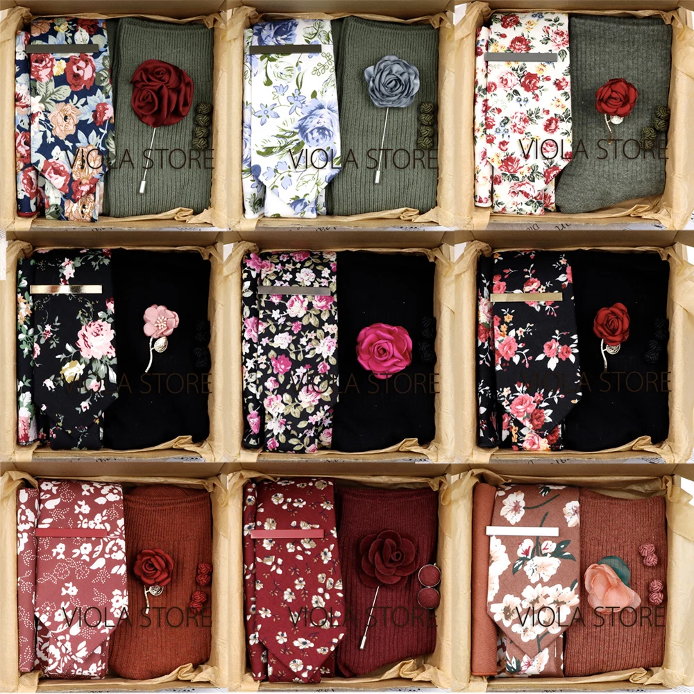 Viola Design 6PCS Gift Box Floral Solid Cotton Socks Tie Sets Clip Pin Cufflinks Hanky Men Wedding Party Daily Cravat Accessory